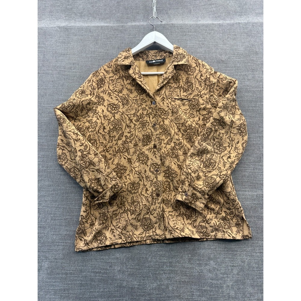 Sag Harbor Shirt Womens Medium Petite Beige Floral Print Side Slit Button Up